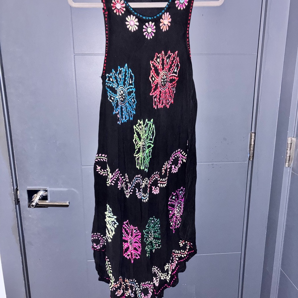 Shoreline Black Asymmetrical Dress with Colorful Embroidery